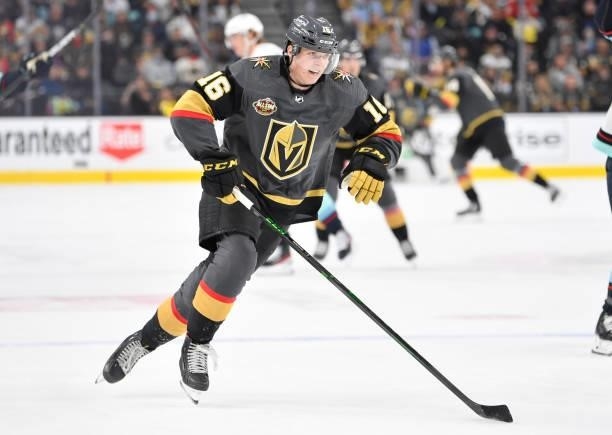 Pavel Dorofeyev of the Vegas Golden Knights skates during the first period of a game against the Seatle Kraken at T-Mobile Arena on October 12, 2021...