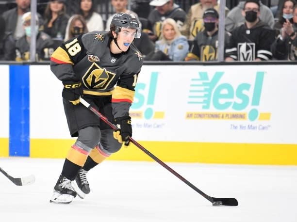 Peyton Krebs of the Vegas Golden Knights skates during the first period of a game against the Seatle Kraken at T-Mobile Arena on October 12, 2021 in...