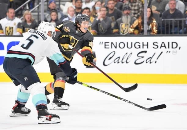 Peyton Krebs of the Vegas Golden Knights shoots the puck during the first period of a game against the Seatle Kraken at T-Mobile Arena on October 12,...