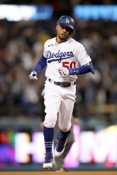 Mookie Betts of the Los Angeles Dodgers reacts after his two run home run against the San Francisco Giants during the fourth inning in game 4 of the...