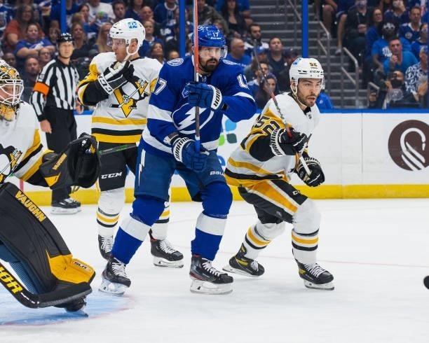 Alex Killorn of the Tampa Bay Lightning skates against the Pittsburgh Penguins during the first period at Amalie Arena on October 12, 2021 in Tampa,...