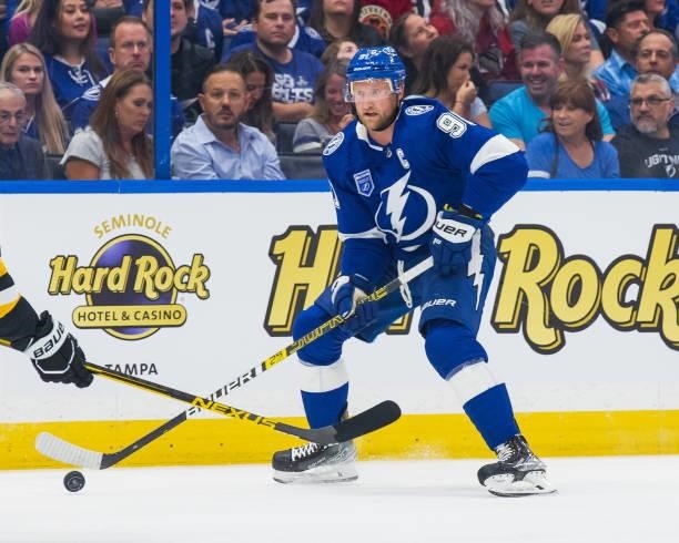 Steven Stamkos of the Tampa Bay Lightning skates against the Pittsburgh Penguins during the first period at Amalie Arena on October 12, 2021 in...