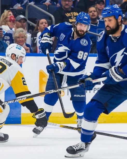 Nikita Kucherov of the Tampa Bay Lightning skates against the Pittsburgh Penguins during the first period at Amalie Arena on October 12, 2021 in...