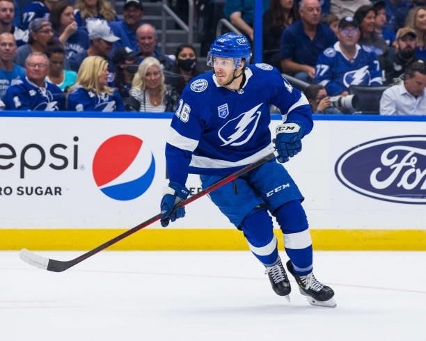 Taylor Raddysh of the Tampa Bay Lightning skates against the Pittsburgh Penguins during the first period at Amalie Arena on October 12, 2021 in...