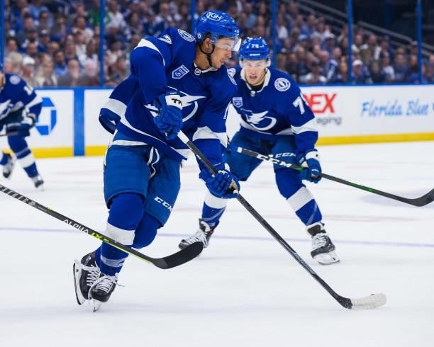 Mathieu Joseph of the Tampa Bay Lightning skates against the Pittsburgh Penguins during the first period at Amalie Arena on October 12, 2021 in...