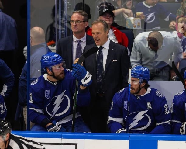 Head coach Jon Cooper of the Tampa Bay Lightning against the Pittsburgh Penguins at Amalie Arena on October 12, 2021 in Tampa, Florida.