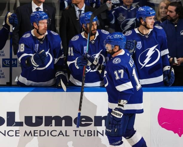 Alex Killorn of the Tampa Bay Lightning celebrates a goal against the Pittsburgh Penguins at Amalie Arena on October 12, 2021 in Tampa, Florida.