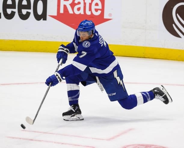 Mathieu Joseph of the Tampa Bay Lightning skates against the Pittsburgh Penguins at Amalie Arena on October 12, 2021 in Tampa, Florida.
