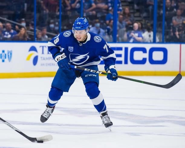 Ross Colton of the Tampa Bay Lightning skates against the Pittsburgh Penguins during the first period at Amalie Arena on October 12, 2021 in Tampa,...