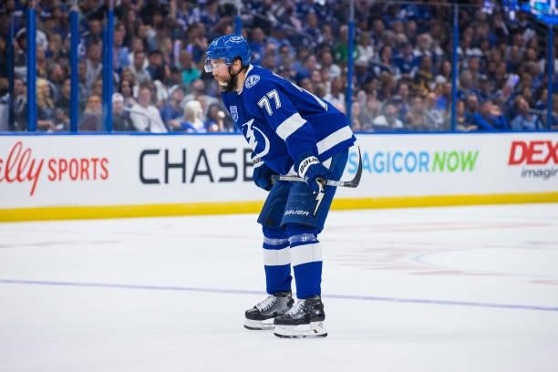 Victor Hedman of the Tampa Bay Lightning skates against the Pittsburgh Penguins during the first period at Amalie Arena on October 12, 2021 in Tampa,...
