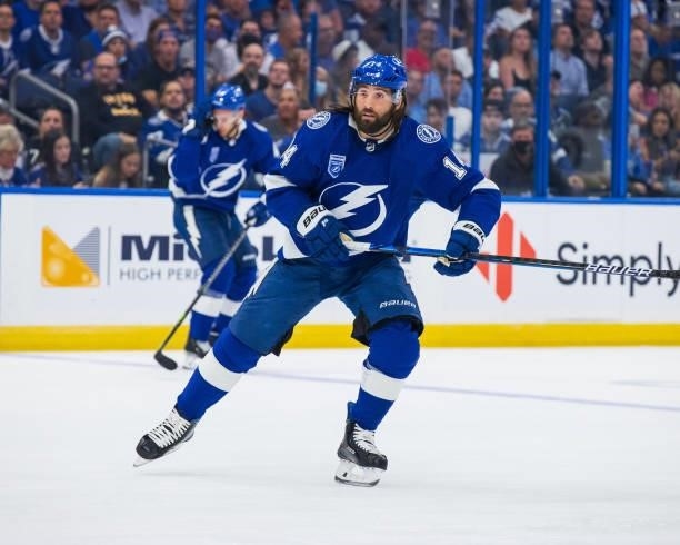 Pat Maroon of the Tampa Bay Lightning skates against the Pittsburgh Penguins during the first period at Amalie Arena on October 12, 2021 in Tampa,...