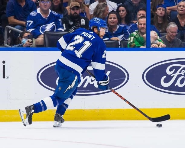 Brayden Point of the Tampa Bay Lightning skates against the Pittsburgh Penguins during the first period at Amalie Arena on October 12, 2021 in Tampa,...