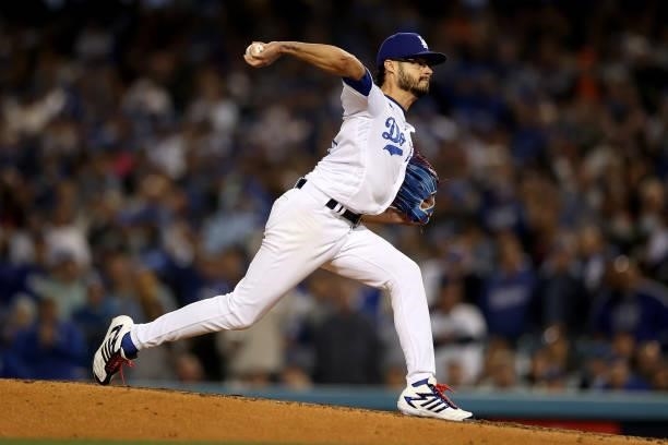 Joe Kelly of the Los Angeles Dodgers pitches against the San Francisco Giants during the fifth inning in game 4 of the National League Division...