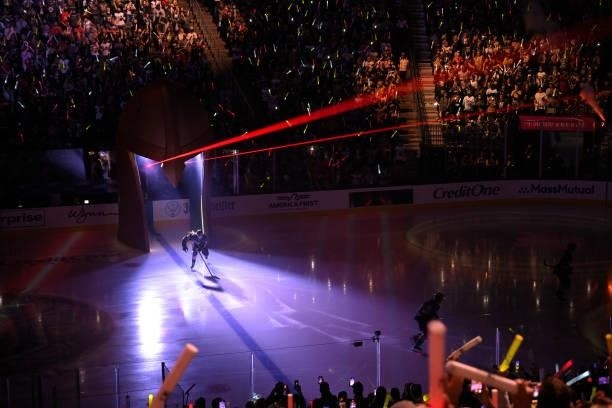 The Vegas Golden Knights take the ice prior to a game against the Seattle Kraken at T-Mobile Arena on October 12, 2021 in Las Vegas, Nevada.