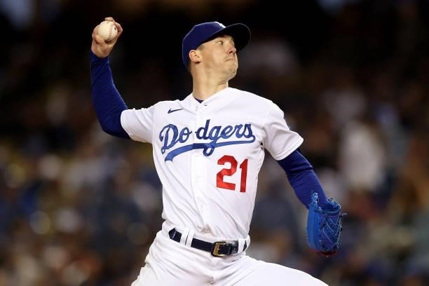 Walker Buehler of the Los Angeles Dodgers pitches against the San Francisco Giants during the fourth inning in game 4 of the National League Division...