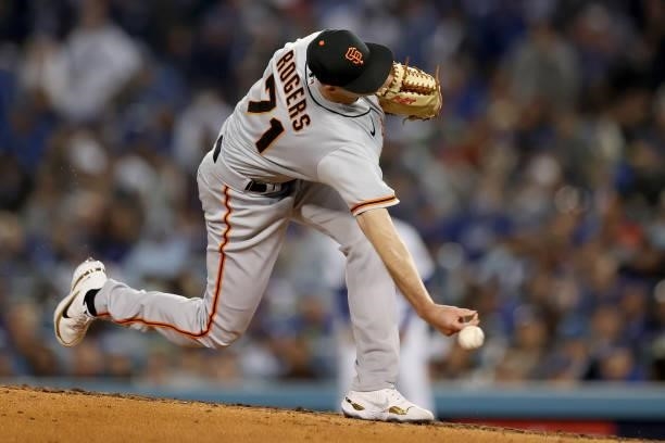 Tyler Rogers of the San Francisco Giants pitches against the Los Angeles Dodgers during the fifth inning in game 4 of the National League Division...