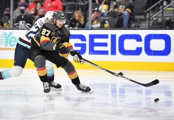 Shea Theodore of the Vegas Golden Knights skates during the second period of a game against the Seatle Kraken at T-Mobile Arena on October 12, 2021...