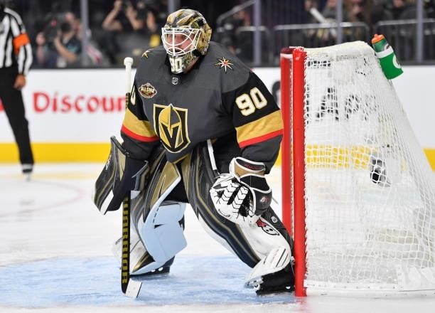 Robin Lehner of the Vegas Golden Knights tends net during the second period of a game against the Seatle Kraken at T-Mobile Arena on October 12, 2021...