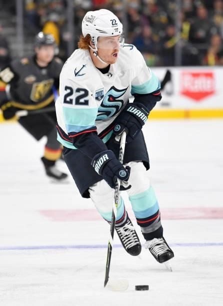 Mason Appleton of the Seattle Kraken skates during the second period of a game against the Vegas Golden Knights at T-Mobile Arena on October 12, 2021...