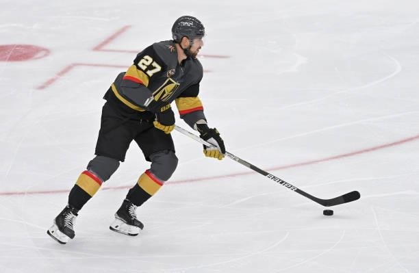 Shea Theodore of the Vegas Golden Knights skates during the second period of a game against the Seatle Kraken at T-Mobile Arena on October 12, 2021...