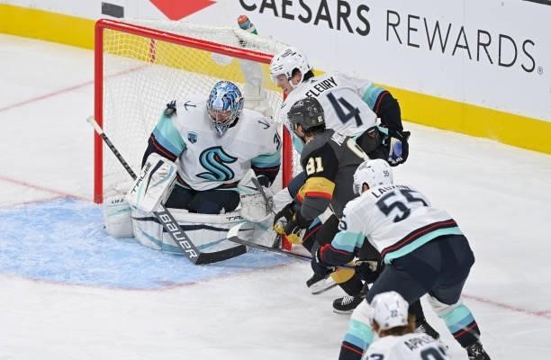 Philipp Grubauer of the Seattle Kraken makes a save against Jonathan Marchessault of the Vegas Golden Knights during the second period at T-Mobile...