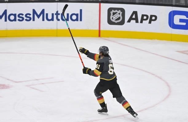 Mark Stone of the Vegas Golden Knights celebrates after a goal by Nicolas Hague during the second period of a game against the Seatle Kraken at...