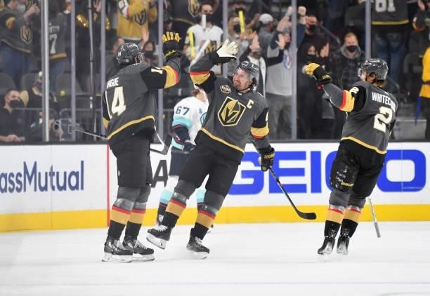 Nicolas Hague of the Vegas Golden Knights celebrates after scoring a goal during the second period of a game against the Seatle Kraken at T-Mobile...