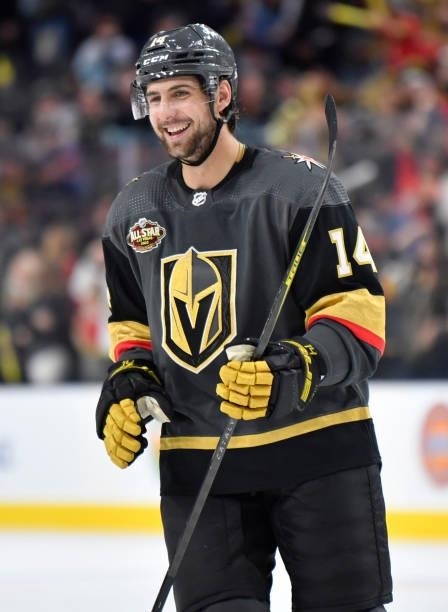 Nicolas Hague of the Vegas Golden Knights celebrates after scoring a goal during the second period of a game against the Seatle Kraken at T-Mobile...