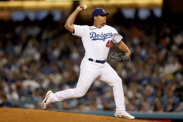Brusdar Graterol of the Los Angeles Dodgers pitches against the San Francisco Giants during the sixth inning in game 4 of the National League...