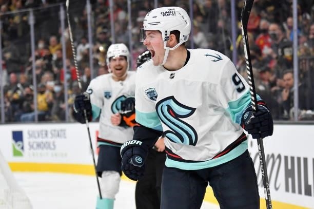 Ryan Donato of the Seattle Kraken celebrates after scoring the first goal in team history during the second period of a game against the Vegas Golden...