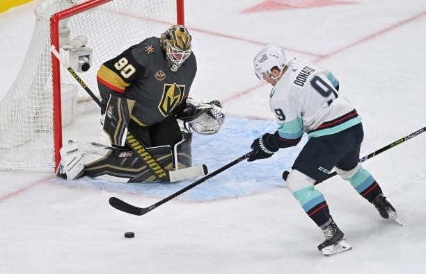 Ryan Donato of the Seattle Kraken looks to shoot against Robin Lehner of the Vegas Golden Knights during the second period at T-Mobile Arena on...