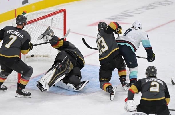Ryan Donato of the Seattle Kraken scores the first goal in team history during the second period of a game against the Vegas Golden Knights at...