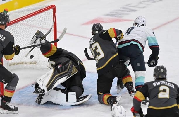 Ryan Donato of the Seattle Kraken scores the first goal in team history during the second period of a game against the Vegas Golden Knights at...