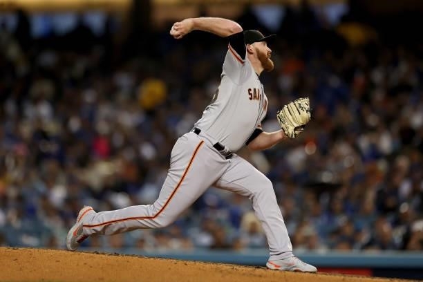 Zack Littell of the San Francisco Giants pitches against the Los Angeles Dodgers during the sixth inning in game 4 of the National League Division...