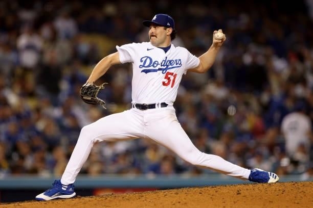 Alex Vesia of the Los Angeles Dodgers pitches against the San Francisco Giants during the seventh inning in game 4 of the National League Division...