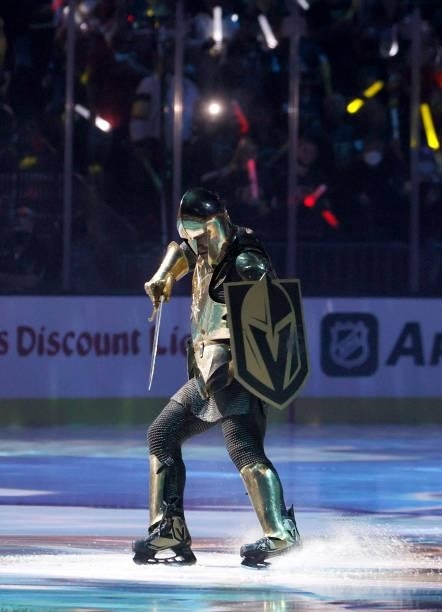 Lee Orchard as the Golden Knight performs during a pregame show before the Seattle Kraken's inaugural regular-season game against the Vegas Golden...