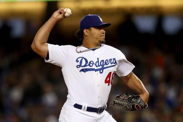 Brusdar Graterol of the Los Angeles Dodgers pitches against the San Francisco Giants during the sixth inning in game 4 of the National League...