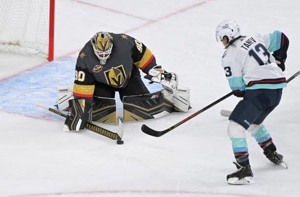 Robin Lehner of the Vegas Golden Knights makes a save during the second period of a game against the Seatle Kraken at T-Mobile Arena on October 12,...