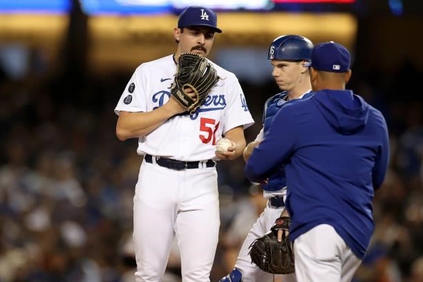 Alex Vesia of the Los Angeles Dodgers is taken out of the game by manager Dave Roberts against the San Francisco Giants during the seventh inning in...