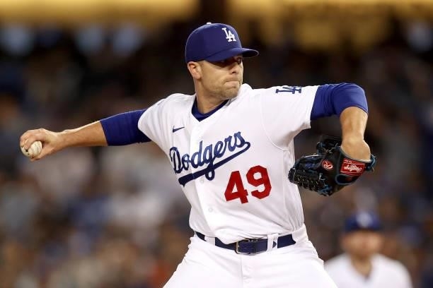 Blake Treinen of the Los Angeles Dodgers pitches against the San Francisco Giants during the seventh inning in game 4 of the National League Division...