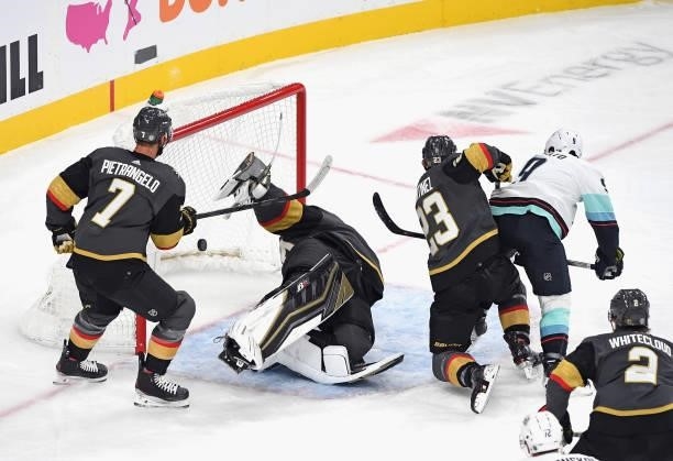 Ryan Donato of the Seattle Kraken scores the first goal in the team's history with his tally at 11:32 of the second period against the Vegas Golden...