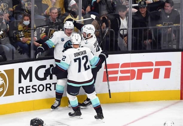 Ryan Donato of the Seattle Kraken celebrates scoring the first goal in the team's history with his tally at 11:32 of the second period against the...