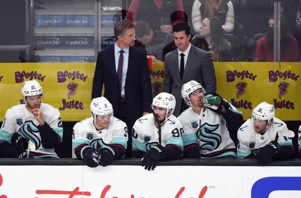 Head coach Dave Hakstol and assistant coach Paul McFarland of the Seattle Kraken work the bench against the Vegas Golden Knights during the first...