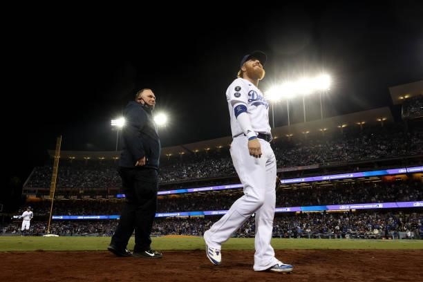 Justin Turner of the Los Angeles Dodgers reacts after the seventh inning in game 4 of the National League Division Series against the San Francisco...