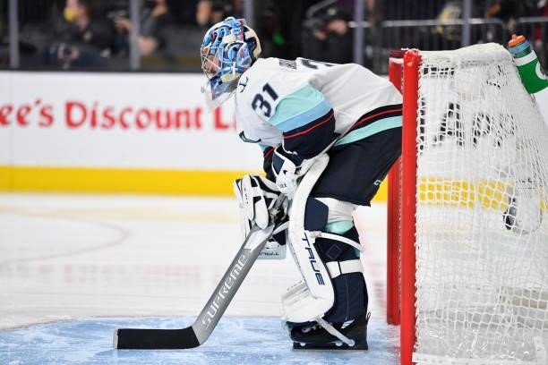 Philipp Grubauer of the Seattle Kraken tends net during the third period of a game against the Vegas Golden Knights at T-Mobile Arena on October 12,...