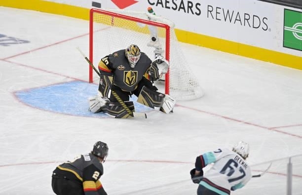 Robin Lehner of the Vegas Golden Knights allows a goal by Morgan Geekie of the Seattle Kraken during the third period at T-Mobile Arena on October...