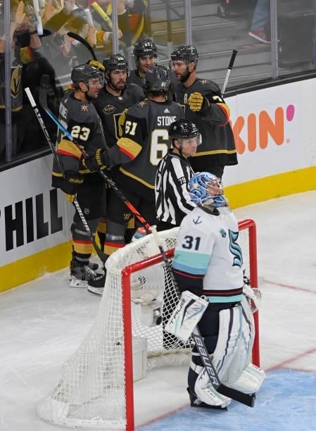 Chandler Stephenson of the Vegas Golden Knights celebrates after scoring a goal during the third period of a game against the Seatle Kraken at...