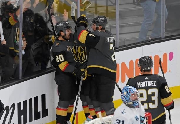 Chandler Stephenson of the Vegas Golden Knights celebrates after scoring a goal during the third period of a game against the Seatle Kraken at...