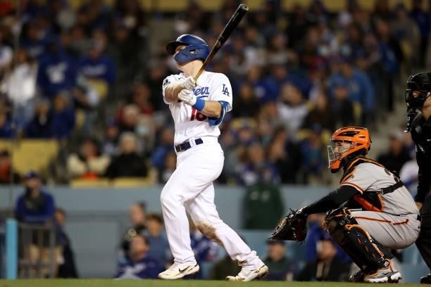 Will Smith of the Los Angeles Dodgers watches his two run home run against the San Francisco Giants during the eighth inning in game 4 of the...
