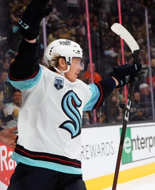 Morgan Geekie of the Seattle Kraken celebrates after scoring a goal against the Vegas Golden Knights at 7:58 of the third period of the Kraken's...